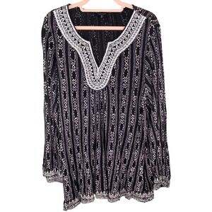 Lucky Brand Embroidered Tunic Women 2X Flowy Boho Peasant Top Black White Lace